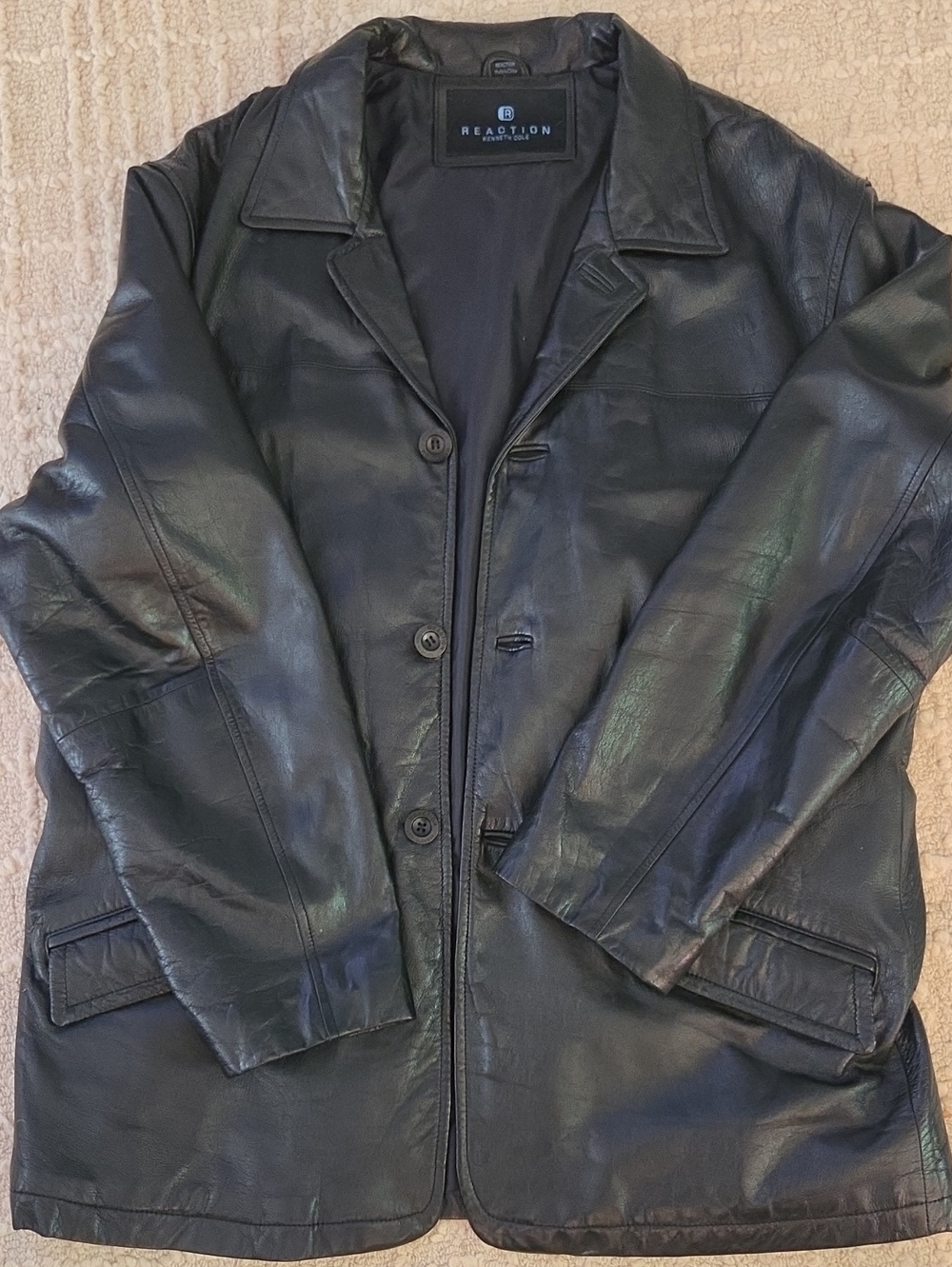 Kenneth Cole Vintage Reaction Black Leather Trench Coat, L